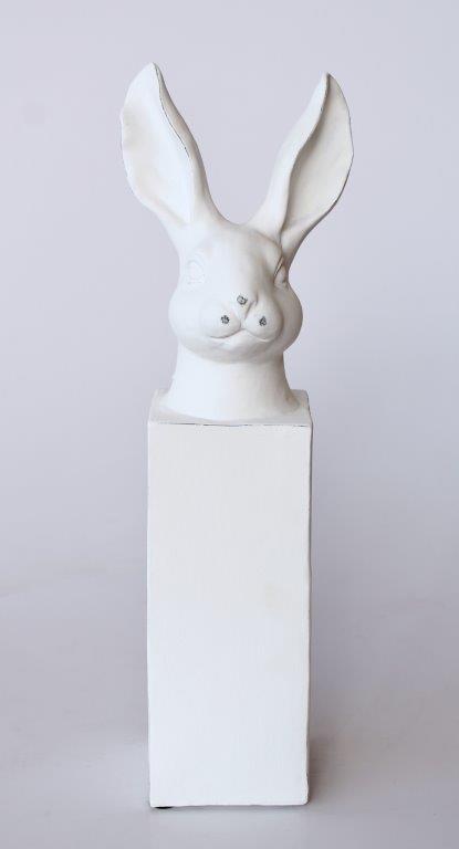 Tall White Bunny Head On Column